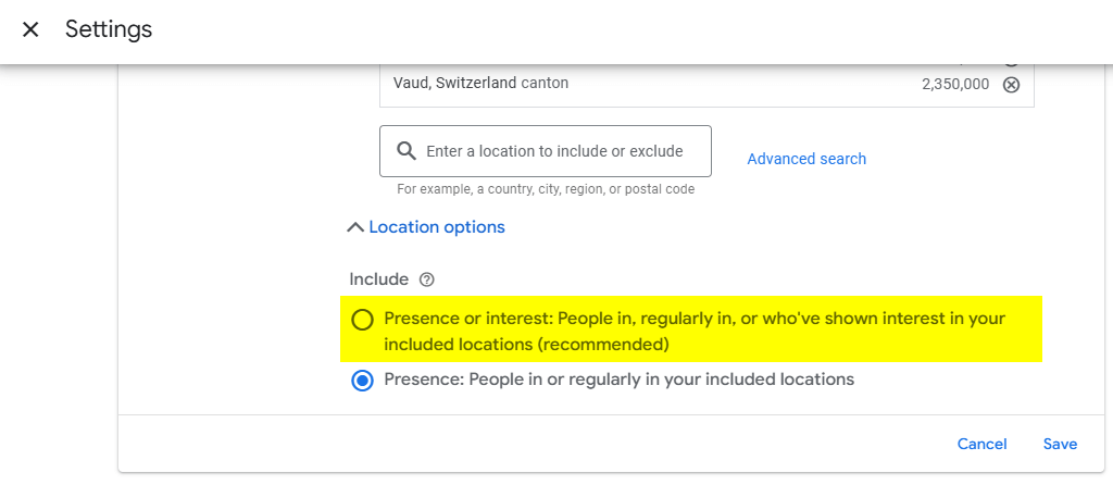 18 google ads presence or interest setting