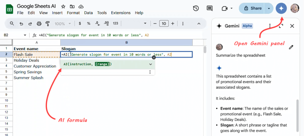 AI formula vs. Gemini panel in Google Sheets